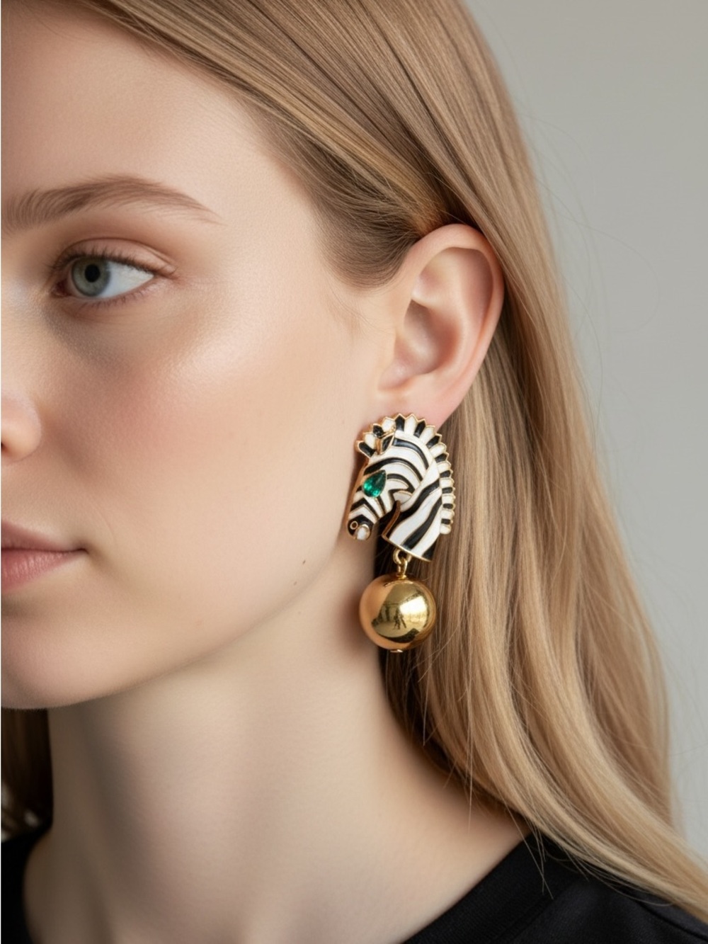 10/25 Zebra Enamel Drop Earrings with Gold Orb - Black, White & Gold